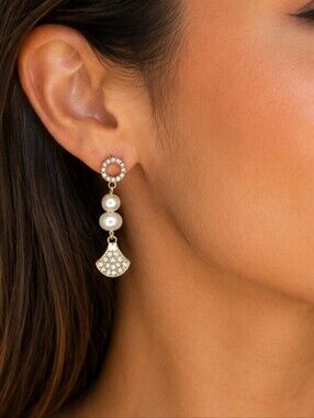 💎Gold Tone Faux Pearl Rhinestone Fan Drop Dangle Earrings Elegant Bridal Gift